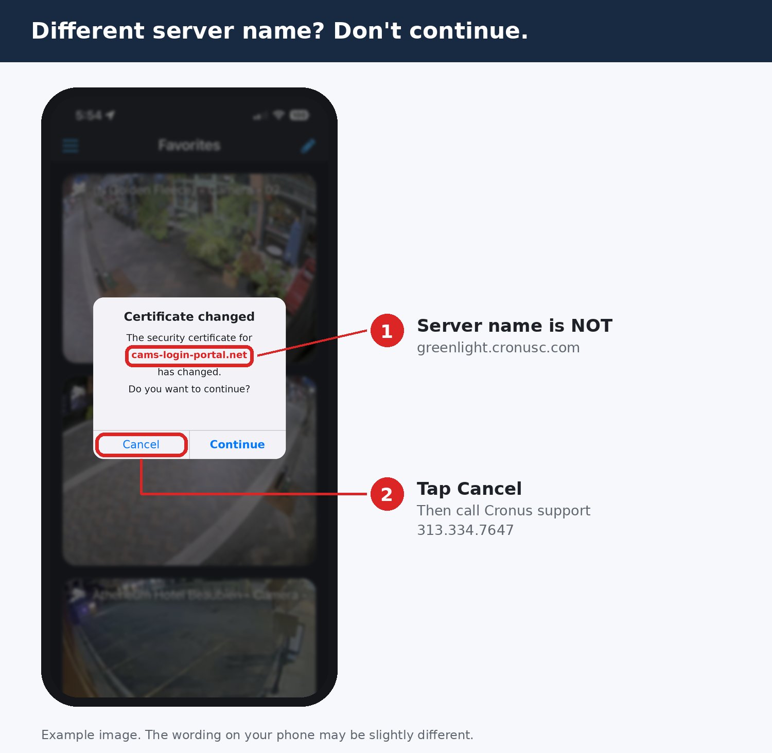 Certificate message with a different server name and the Cancel button circled